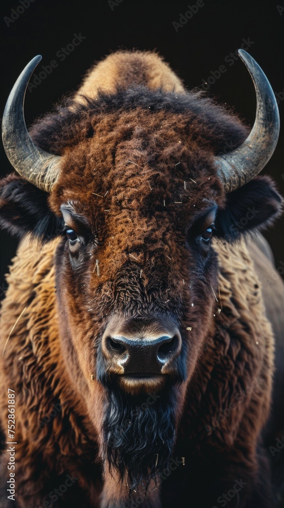 a bison close-up portrait looking direct in camera with low-light, black backdrop a bison close-up portrait looking direct in camera with low-light, black backdrop