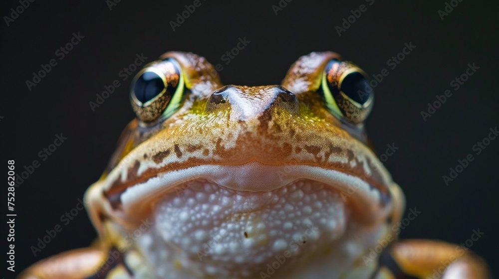 Fototapeta premium a frog close-up portrait looking direct in camera with low-light, black backdrop 