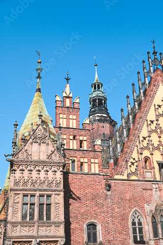 Old Town Hall - Market Square Old Town Cityscape of Wroclaw, Poland in Sunshine, Blue Skies Sky in Spring - Gothic Architecture
