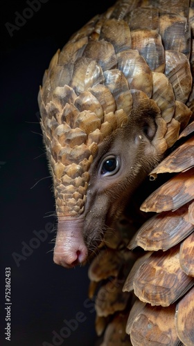 a pangolin close-up portrait looking direct in camera with low-light, black backdrop -