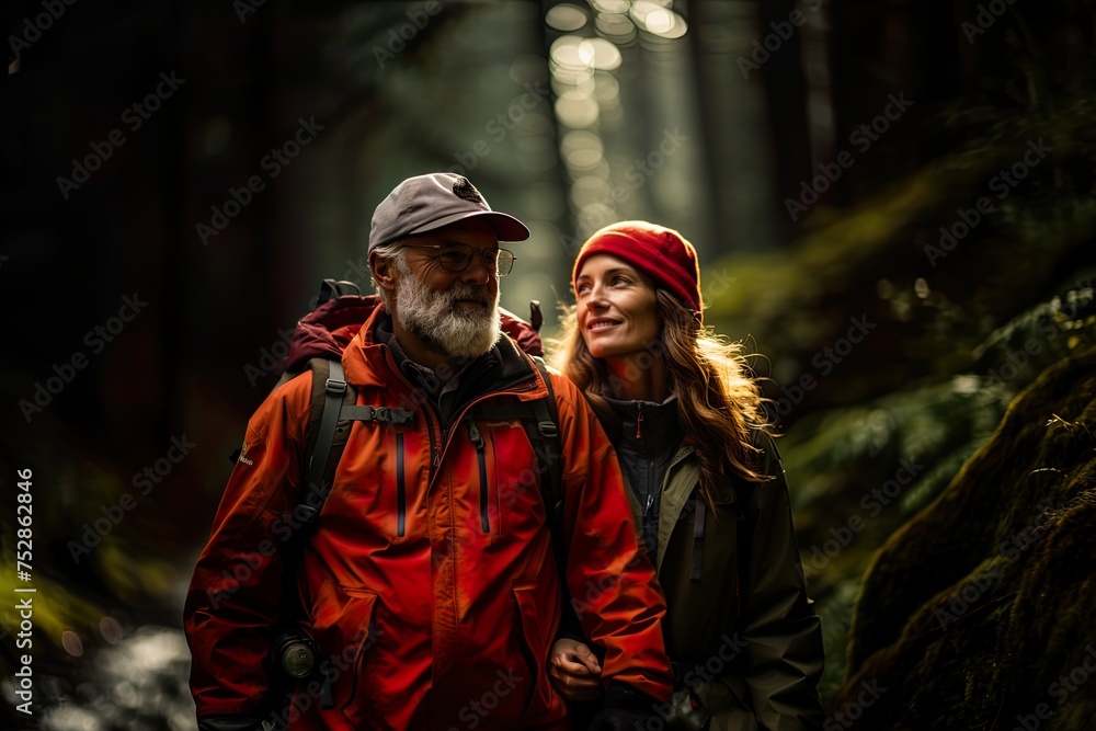 Couple of hikers in a forest in the middle of nature Couple of hikers in a forest in the middle of nature