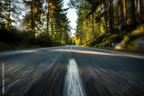 Driving with high speed on the road through Swedish landscape. Morion blur. POV. Created with Generative AI technology.