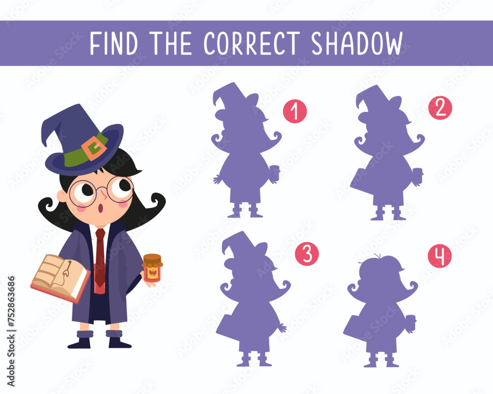 Find the right shadow. Game for children. Cute girl witch in magic hat on white background. Halloween and wizard school. Vector illustration. Find the right shadow. Game for children. Cute girl witch in magic hat on white background. Halloween and wizard school. Vector illustration.