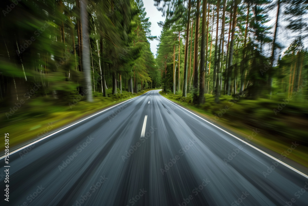Fototapeta premium Driving with high speed on the road through Swedish landscape. Morion blur. POV. Created with Generative AI technology.