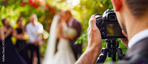 un photographe professionnel à un mariage, gros plan sur l'appareil photo, écran visible