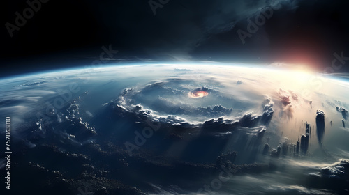 Space view of the eye of a huge hurricane  spinning above the Earth