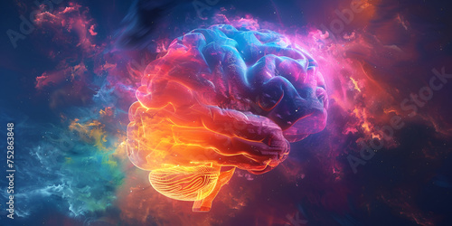 A mesmerizing visual representation of the boundless potential of the human brain Brain explosion with multicolored dust on a dark background photo