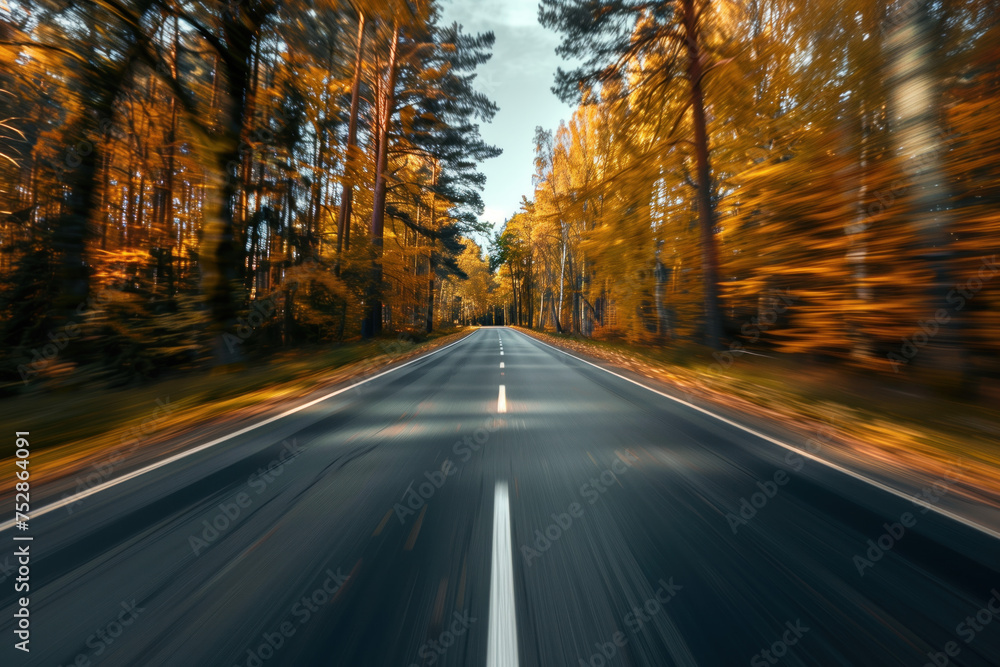 Fototapeta premium Driving with high speed on the road through Swedish landscape. Morion blur. POV. Created with Generative AI technology.
