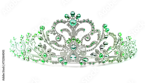 white gold tiara with green emeralds isolated on white background photo