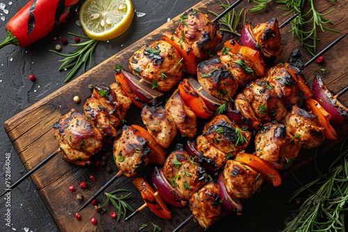 A succulent mixture of grilled meat and vegetables sits on a wooden skewer.