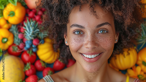 Portrait of a smiling woman with curly hair surrounded by colorful fresh fruits, promoting healthy eating and lifestyle with blurred and bokeh background