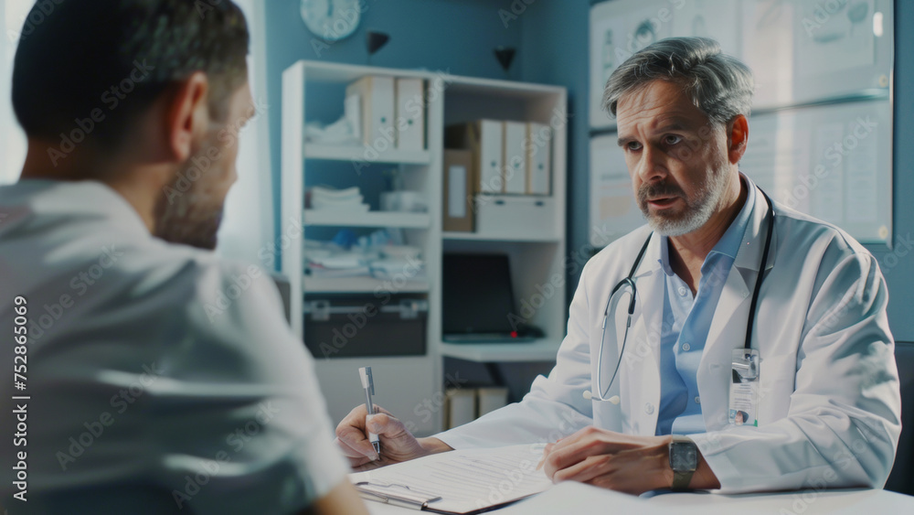 Doctor engaging with patient during a consultation in a well-equipped medical office. Doctor engaging with patient during a consultation in a well-equipped medical office.