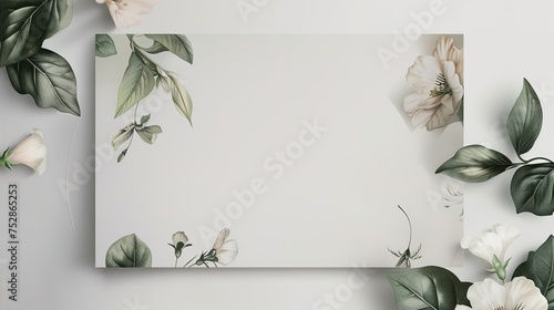 Minimalist floral wedding invitation card template design, colorful pansies with green leaves on white,generative ai,  photo