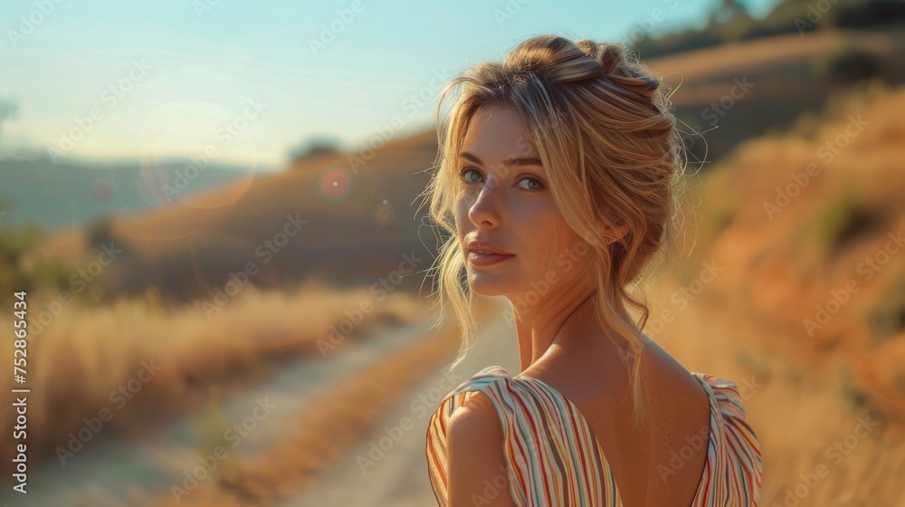 Back view of a woman with braided hair admiring the golden sunset