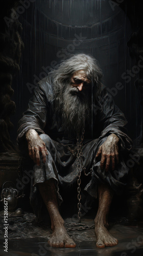Portrait of an old man with a long gray beard and mustache in a black cloak with chains in a dark room