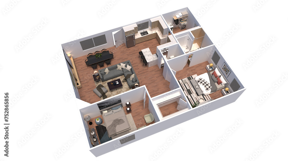 3D Floor Plan for 2 Bedroom ,bathroom, Living Room, Office, Kitchen Interior Design. 3D Floor Plan for 2 Bedroom ,bathroom, Living Room, Office, Kitchen Interior Design.