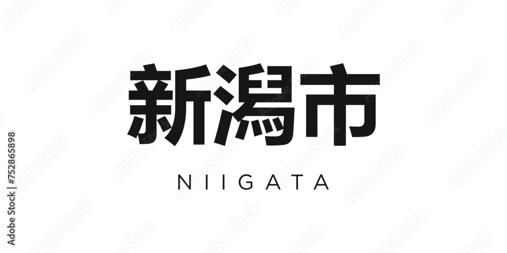 Niigata in the Japan emblem. The design features a geometric style, vector illustration with bold typography in a modern font. The graphic slogan lettering.