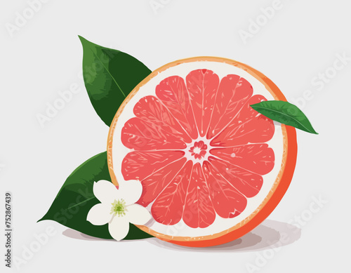 Isolated colored half of juicy pink grapefruit with white flower, green leaf and shadow on white background. Realistic
