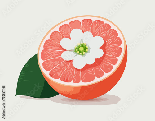 Isolated colored half of juicy pink grapefruit with white flower, green leaf and shadow on white background. Realistic
