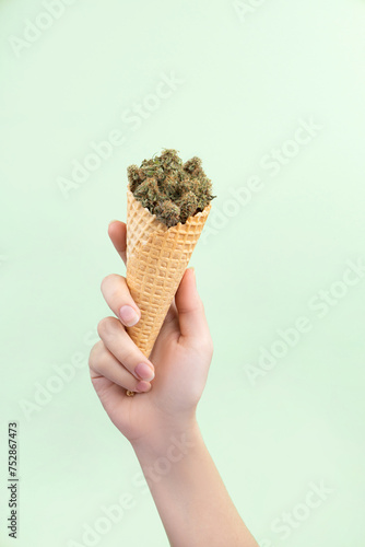 Dry buds of medical marijuana with CBD content in a waffle ice cream cone in a woman’s hand.  On a mint green background.  Alternative medical cannabis treatment