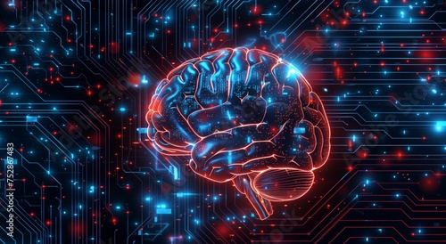 Artificial intelligence technology training and development concept with digital human brain connected to electronic board.