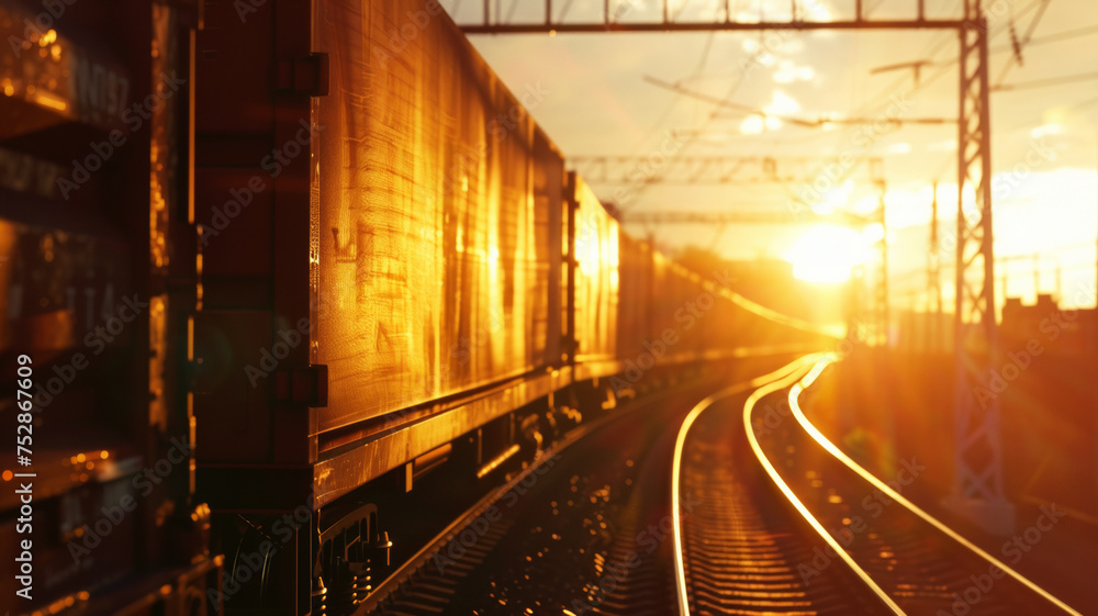 Sunset's golden light bathes a railway track, promising journeys yet to come. - obrazy, fototapety, plakaty 