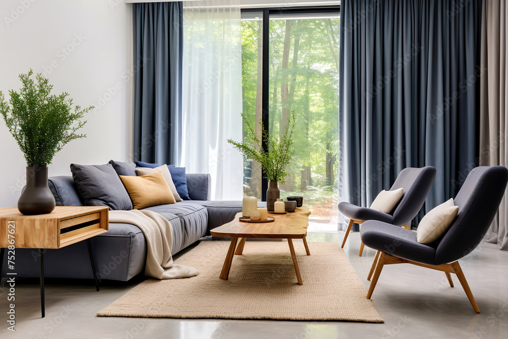 Fototapeta premium Blue sofa and lounge chairs in spacious room. Minimalist home interior design of modern living room in cottage in forest.