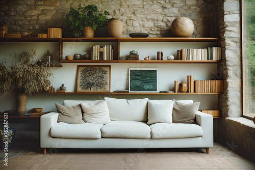 White sofa against stone wall with book shelves. Farmhouse home interior design of modern living room. © Vadim Andrushchenko