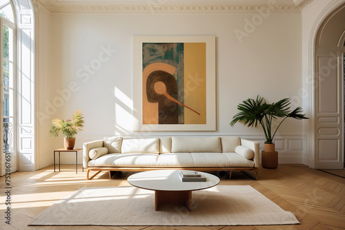 Round coffee table on beige rug near cozy sofa in room with classic paneling and poster. Scandinavian home interior design of modern living room.