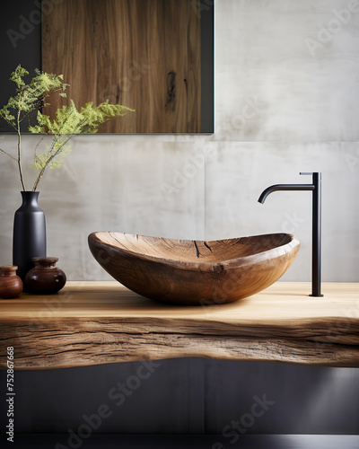 Natural wood vessel on rustic live edge counter against concrete tile wall. Minimalist interior design of modern bathroom.
