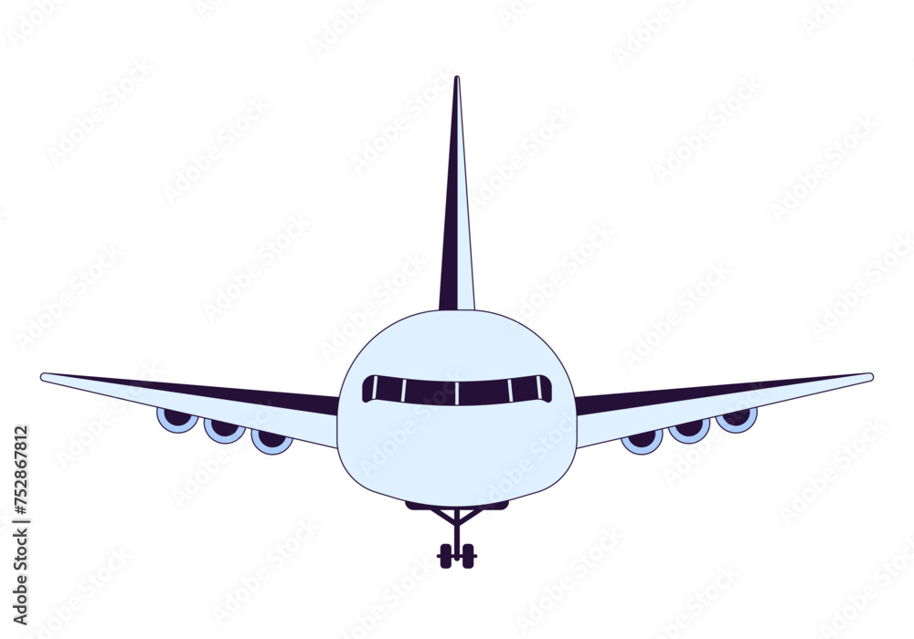Airplane front view 2D linear cartoon object. Airport vehicle. Plane transport aviation isolated line vector element white background. Flying transportation airliner color flat spot illustration Airplane front view 2D linear cartoon object. Airport vehicle. Plane transport aviation isolated line vector element white background. Flying transportation airliner color flat spot illustration