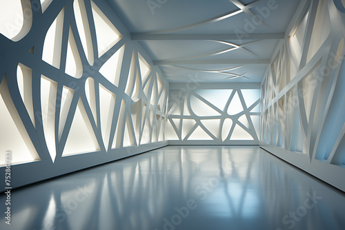 Building and architecture design concept. Architecture building minimalist and surreal design bright background with copy space. Bright corridor with many columns or roof beams © Rytis