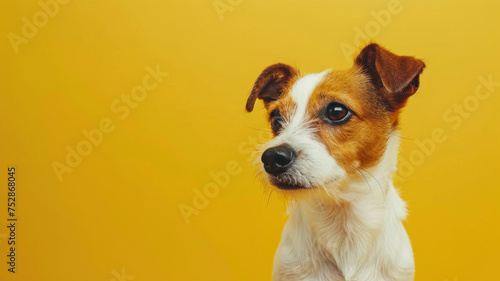 Inquisitive Jack Russell Terrier against a bold yellow background with a focused gaze.