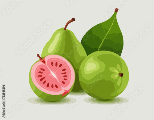 Vector illustration, Tropical fruit Guava, whole fruit and halved, isolated on white

