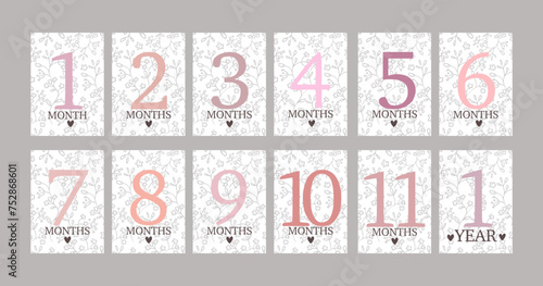 Baby milestone cards. First month cards. Flowers. Baby shower invitation. Newborn girl cards, stickers. Vector illustration. Children cards first 12 months. White background with flowers ornament