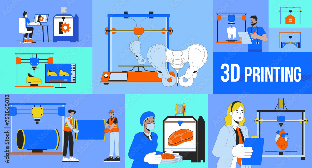 3d printing technology bento grid illustration set. Additive ...
