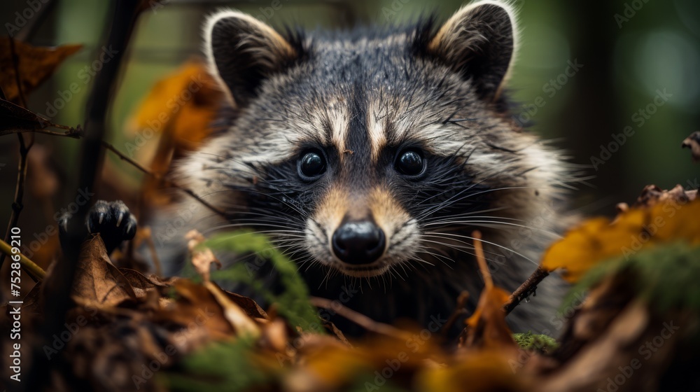 Close-up of a raccoon's face in the forest, engaging wildlife encounter