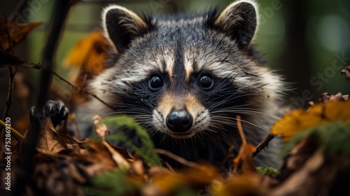Close-up of a raccoon's face in the forest, engaging wildlife encounter