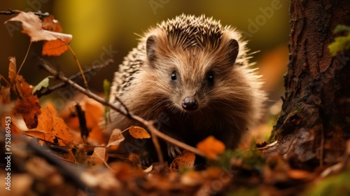 Hedgehog navigating through forest leaves, wildlife exploration
