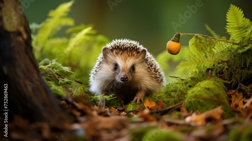 Hedgehog ambling through forest underbrush, wildlife in detail