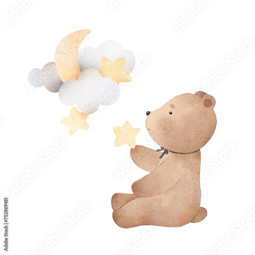 Teddy bear plays with the stars. Decor for a children's room. Watercolor illustration. Can be used for cards, invitations, baby shower, posters. Vintage.