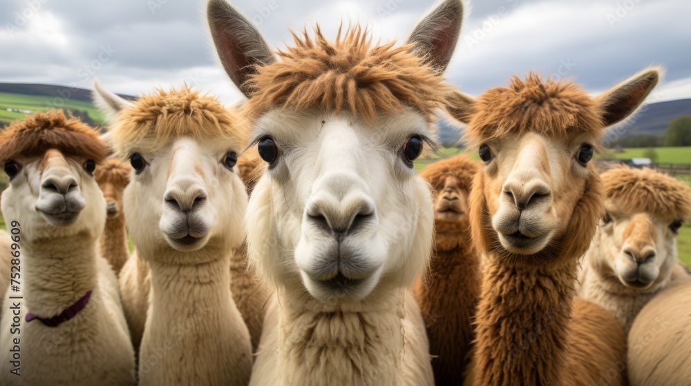 Llamas looking curiously at the camera, quirky farm residents Llamas looking curiously at the camera, quirky farm residents
