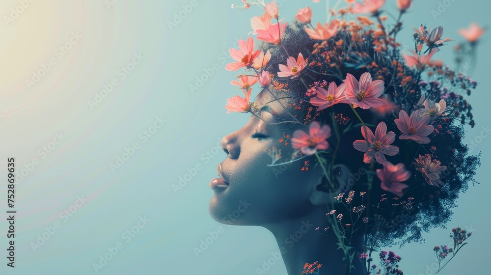 Portrait of a woman with a vibrant crown of flowers, symbolizing growth and natural beauty.
