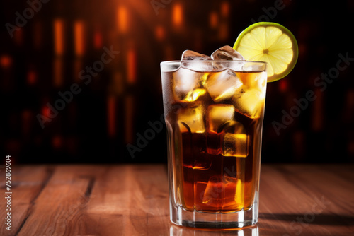 Long Island Iced Tea on a Wooden Table with Blurry Background.