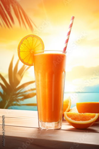 A bright orange smoothie in a tall glass, garnished with an orange slice, against a sunny tropical backdrop.