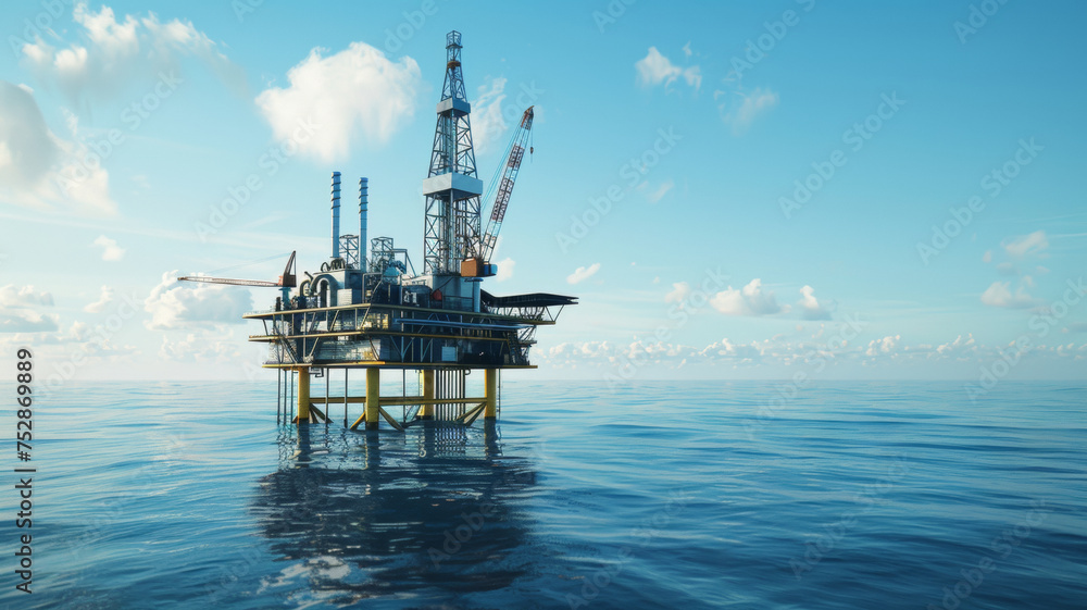 Offshore oil rig stands alone against the expansive blue ocean and sky. Offshore oil rig stands alone against the expansive blue ocean and sky.