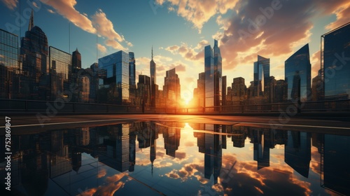 Shiny corporate skyscrapers reflecting the sunrise, ambition symbol