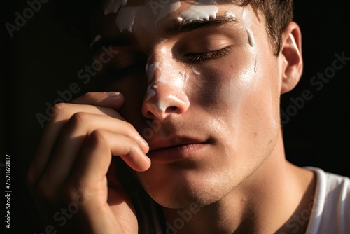 
Photo capturing the intimate moment of a man applying a nourishing eye cream, embodying soft masculinity with his commitment to skincare and self-love. photo