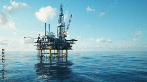 Offshore oil rig stands alone against the expansive blue ocean and sky.