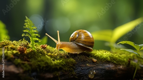 Snail on a leaf in the forest, macro wildlife shot